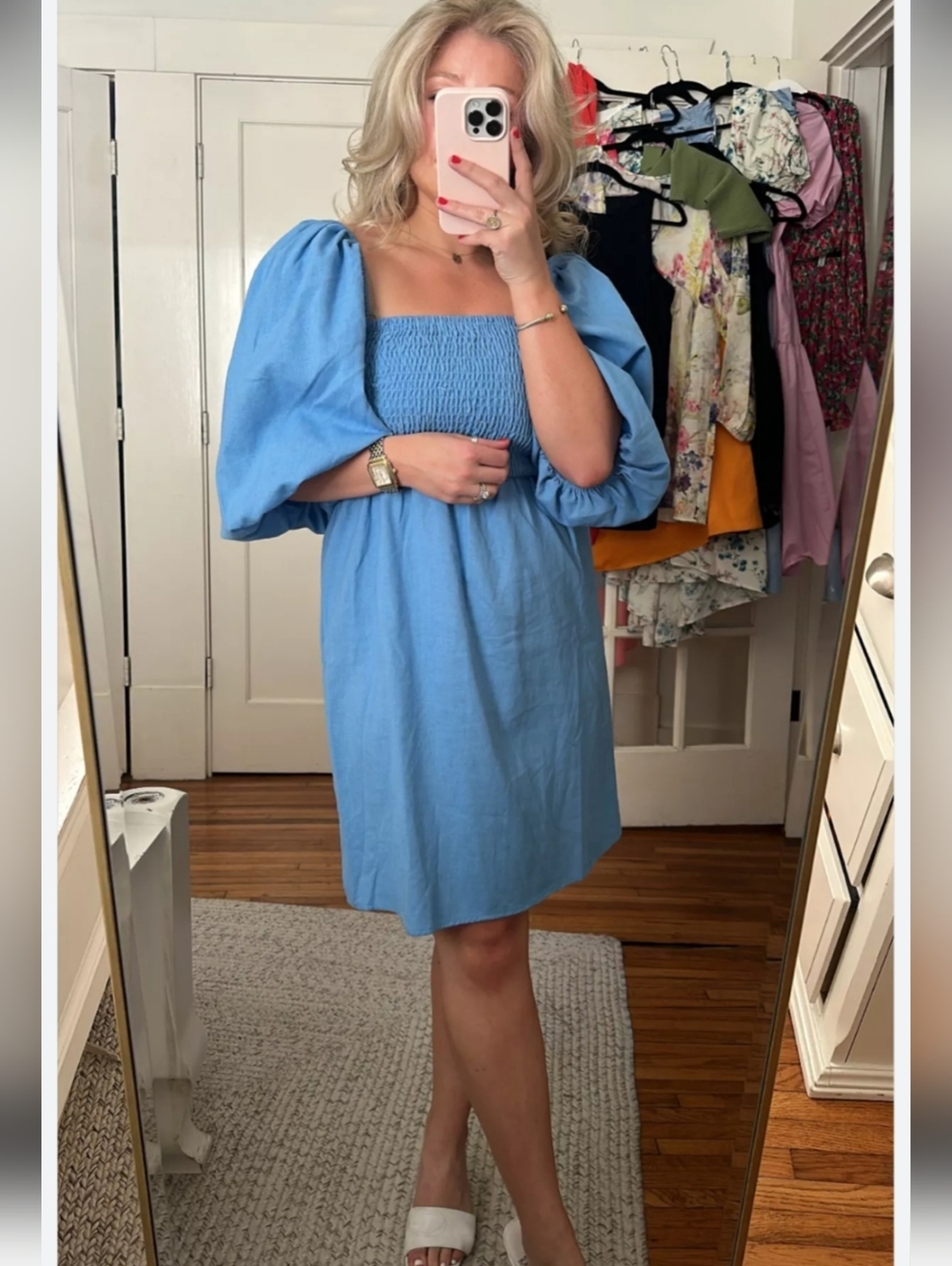 Tuckernuck Annie Smocked Mini Dress In Beaufort Blue. Size Med - Picture 3 of 16